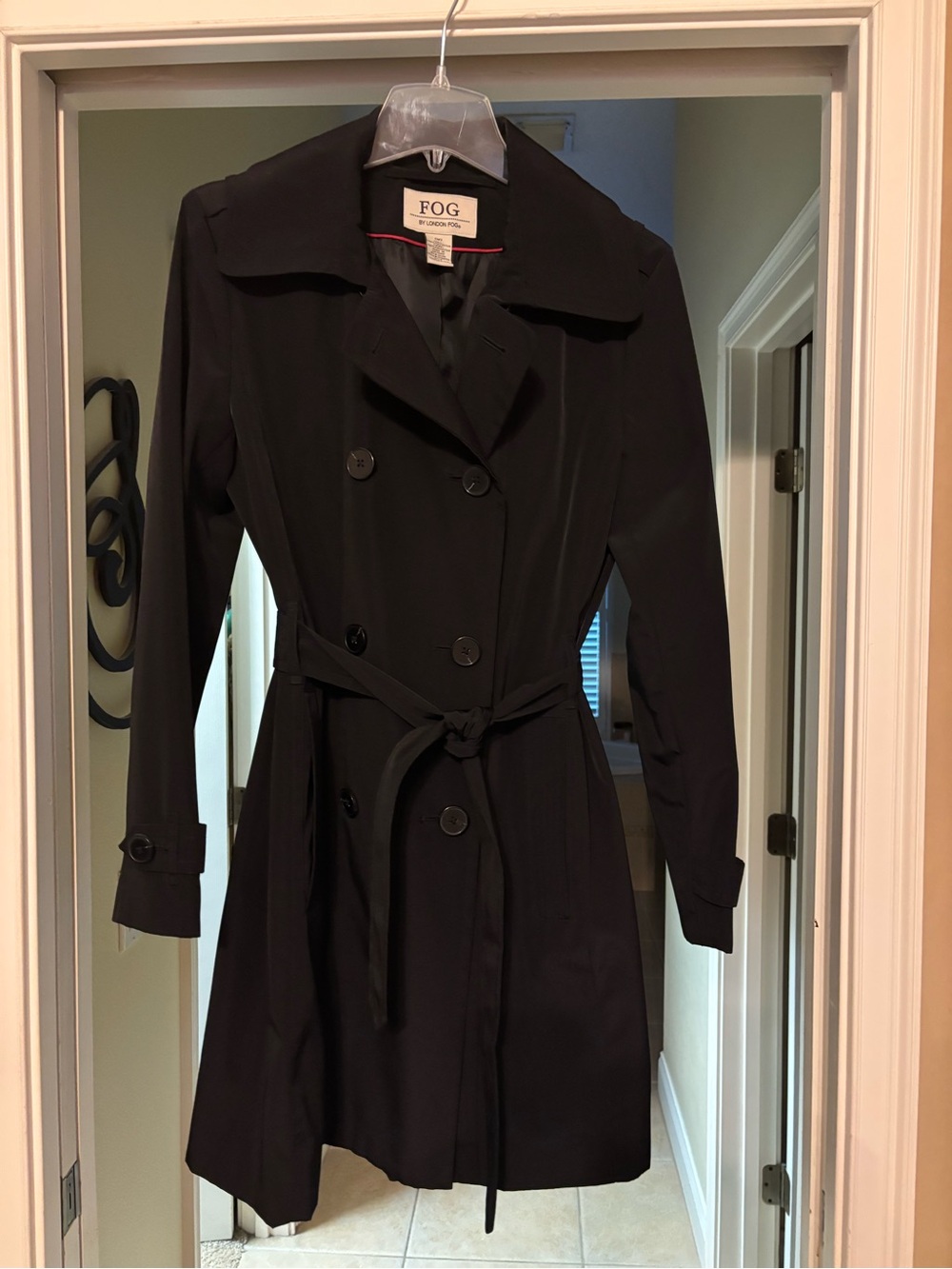 London Fog Black Double-Breasted Trench Coat with Tie Belt